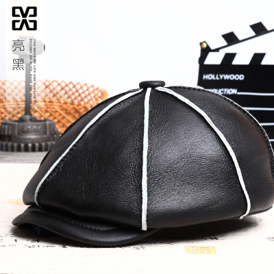 真皮帽子男冬帽皮毛一体皮帽冬天休闲中老年羊毛加厚护耳八角帽