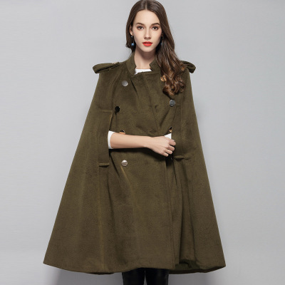 2018冬季新款何穗军绿色宽松斗篷大衣 大码长款斗篷毛呢外套