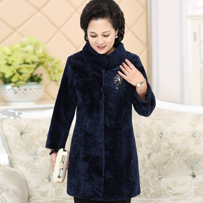 旗下中老年羊剪绒大衣女装皮草外套真毛中长款修身妈妈装冬藏青