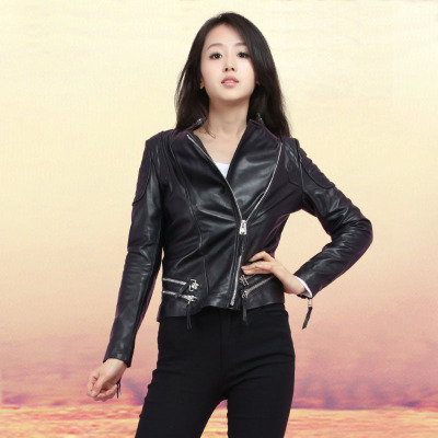 2017秋冬新款真皮机车夹克短款立领拉链显瘦海宁绵羊皮皮衣外套女