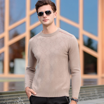 秋冬新款圆领毛衣打底衫男保暖舒适纯羊毛衫加厚套头线衫休闲男装驼色