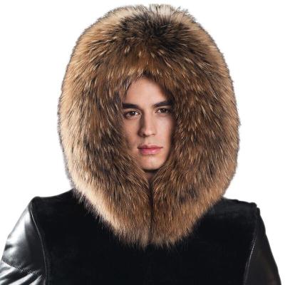 新款真皮皮衣男装羊羔毛皮毛一体男连帽夹克外套大毛领皮克服黑色