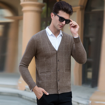 秋冬中年男式毛衣中老年V领格子真口袋纯羊毛衫男针织开衫