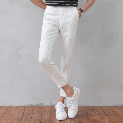 夏装西装裤九分男韩版纯色修身显瘦小脚裤休闲9分西裤不粘毛013暗条纹款白色