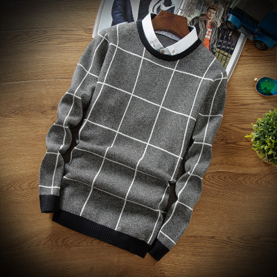 qmnz新款青年假两件衬衫领男士毛衣韩版潮流格子针织衫线衣学生外套秋冬装-定制