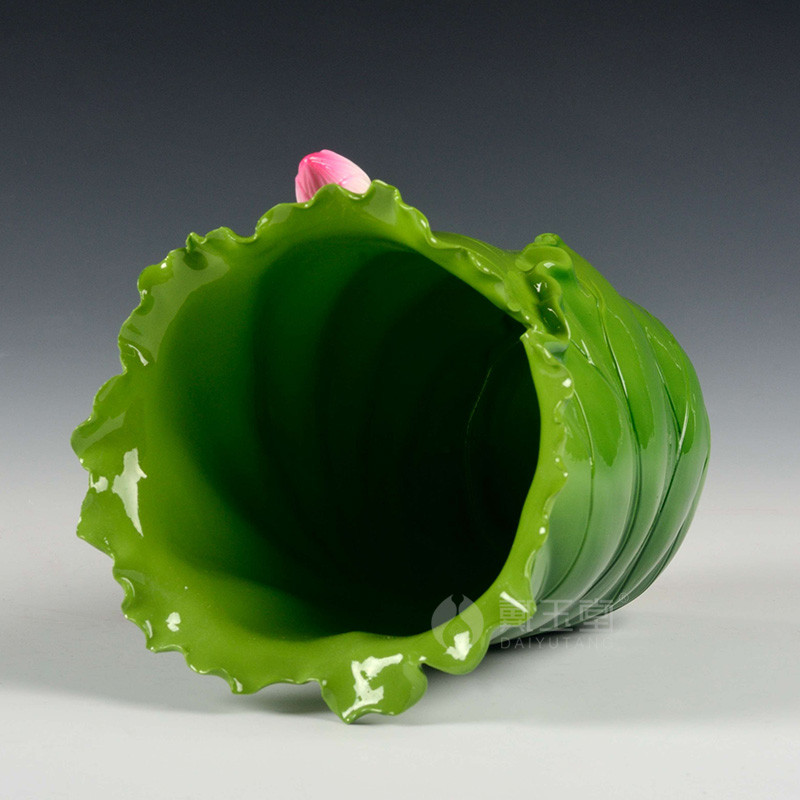 瓷器创意小摆件 陶瓷工艺笔筒装饰荷叶插香筒佛具佛教用品