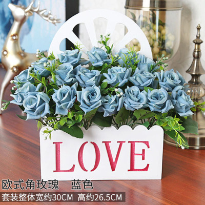 欧式挂花花篮墙面装饰塑料假花房间摆设壁挂花艺摆件客厅墙壁-蓝色欧式角玫+5号挂