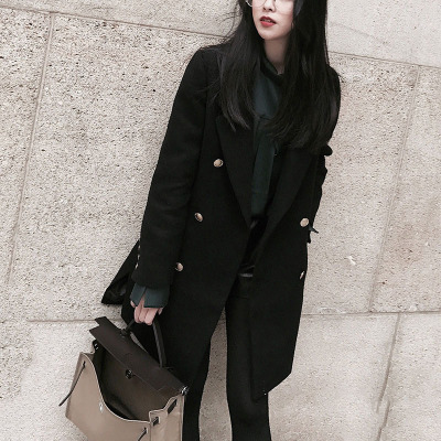 定制做旧双排扣秋冬毛呢外套女百搭经典西装大衣