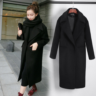 韩国黑色加厚chic呢子大衣女赫本风茧型中长款过膝羊毛呢外套冬