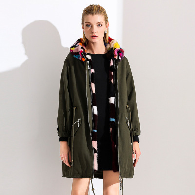 2018秋冬新款进口彩貂内胆女派克大衣派克服星星款中长款皮草外套