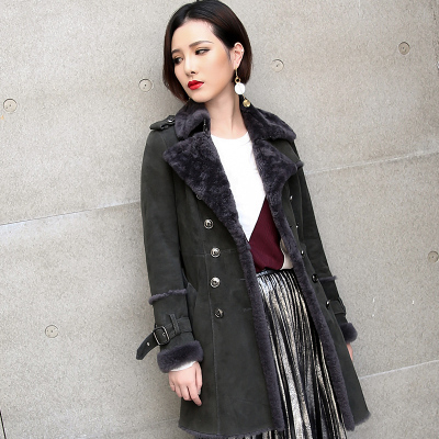 2018冬季新款真皮羊毛皮毛一体女外套风衣中长款双排扣