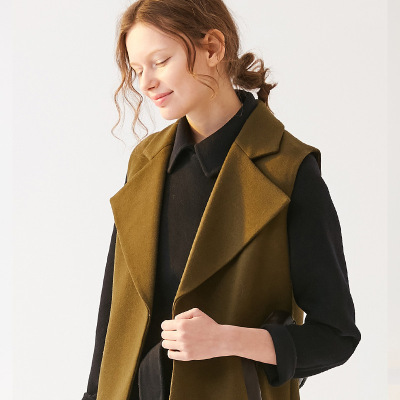 2018春季新款时尚军绿色羊毛过膝长款马甲外套女