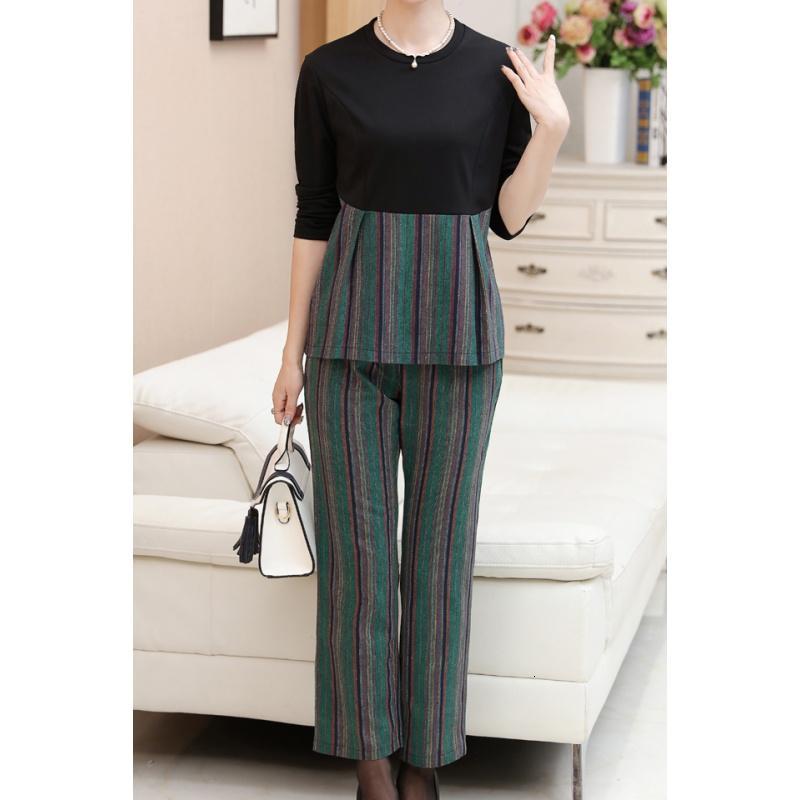 薇姬桑妮中年女装30-40岁女士秋季套装妈妈装秋装长袖棉麻条纹套装