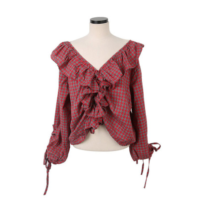 新款式chic田园风格纹深V领系带衬衫早春鬼马系少女甜美荷叶边娃娃装潮-定制款红色均码