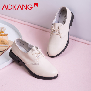 奥康女鞋日常休闲百搭皮鞋女学院风粗跟系带上班工作鞋牛皮透气单鞋