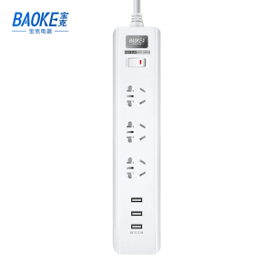 宝克(BAOKE)K613UK 插线板 新国标3位组合总控开关带3个USB延长线插座 2500W MAX 白色 1个