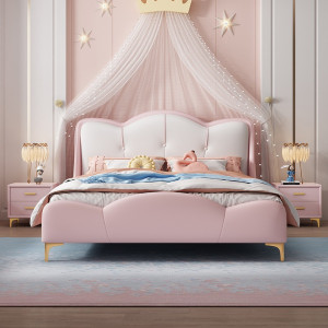 宜木雅居 儿童床皮床粉色女孩公主床现代简约少女轻奢床美式卧室1米5单人床