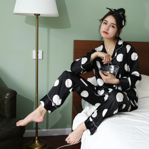 波迷娜(BOMINA)睡衣女夏秋季薄款长袖冰丝点黑白圆点两件套服套装月子服