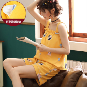 波迷娜（BOMINA)带胸垫睡衣女夏吊带纯棉短裤两件套装夏季薄款露背性感夏天家居服