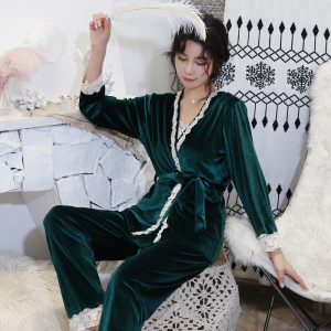 波迷娜(BOMINA)冬季可外穿珊瑚绒睡衣女绒性感长袖三件套韩版服套装