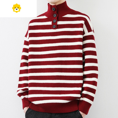 FISH BASKET撞色条纹毛衣男季加厚红色高领针织衫男款内搭p暖线衣外套