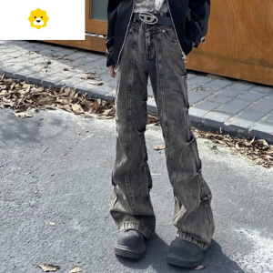 FISH BASKET废土风美式复古做旧牛仔裤男小众设计感褶皱微喇叭裤vibe街头机能