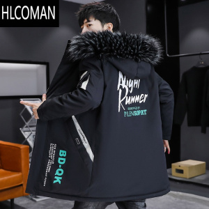 HLCOMAN冬季加绒外套男士2023新款潮流韩版青少年风衣中长款加厚棉服棉袄