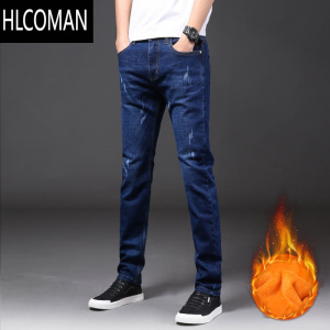HLCOMAN款2023新款裤子男士牛仔裤黑色修身小脚冬季加绒加厚休闲长裤