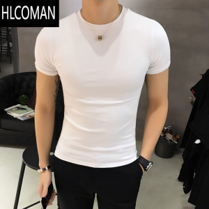 HLCOMAN夏季薄款男士圆领短袖t恤韩版弹力修身紧身体恤白色半袖打底衫潮