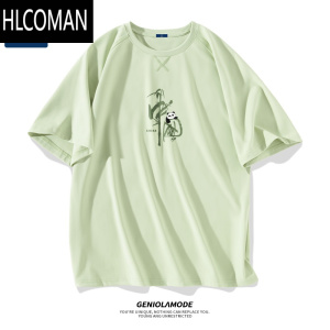 HLCOMANGenio mode超薄速干短袖t恤男夏季绿色国风中国熊猫冰丝半截袖