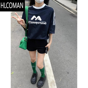 HLCOMAN2024新款时尚夏装潮牌三杠条纹短袖男女同款宽松T恤衣服百搭