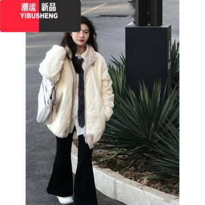 YIBUSHENG冬季日系风菱格羽绒短款棉服oversize女新款宽松棉袄夹棉外套