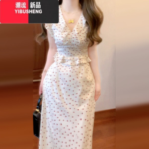 YIBUSHENG法式v领小飞袖连衣裙子女装季2024新款搭配一整套气质鱼尾长裙