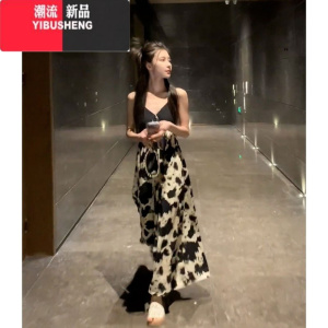 YIBUSHENG撞色印花设计无袖吊带打底连衣裙子女春季新款海边渡假v领长裙