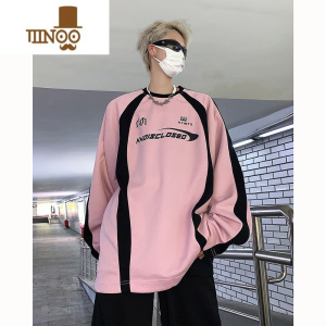 YANXU美式复古粉色条纹拼接圆领卫衣男潮牌欧美高街机车服外套