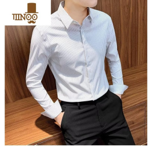YANXU条纹衬衫男士长袖款2023新款商务寸衫高端男装感修身衬衣