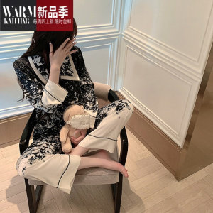 SHANCHAO高级感轻奢睡衣女2023新款早气质小众水墨画印花家居服套装
