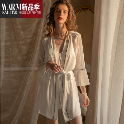 SHANCHAO睡衣女夏季吊带睡裙冰丝性感2023年新款白色薄纯欲高级感蕾丝透明