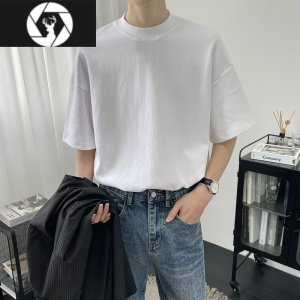 HongZun300g小领口高级感短袖t恤男夏季韩版宽松美式高街纯色体恤男