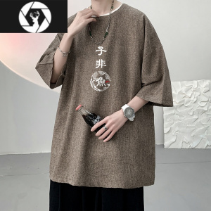 HongZun国潮新中式男装亚麻短袖男夏季做旧古着冰丝速干衣服日系棉麻t恤