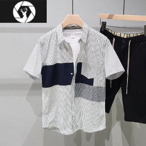 HongZun夏季条纹短袖衬衫男2023新款青少年日系拼接撞色宽松休闲衬衣