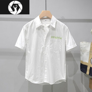 HongZun口袋字母印花白色衬衫男士短袖夏季薄款时尚休闲简约纯色衬衣