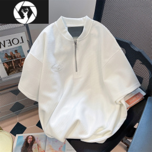 HongZun美式休闲棒球领华夫格短袖T恤男女夏季潮牌小众设计感半拉链上衣