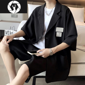 HongZun发型师潮牌男装西装套装男高级感休闲短袖西服外套搭配一套痞帅气