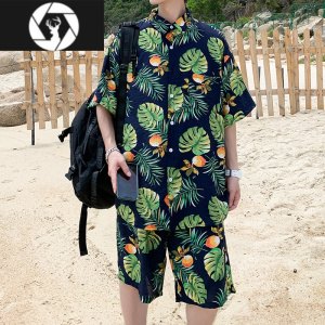 HongZun休闲夏威夷衬衫短裤夏季潮流宽松短袖日系大码海边情侣沙滩套装男