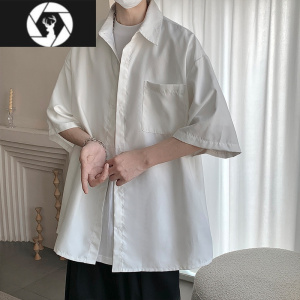 HongZun休闲衬衫男短袖夏季潮流美式复古高级感麂皮绒宽松黑色衬衣男半袖