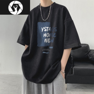 HongZun麂皮短袖男t恤夏季休闲中袖日系慵懒风潮牌小领口五分袖上衣