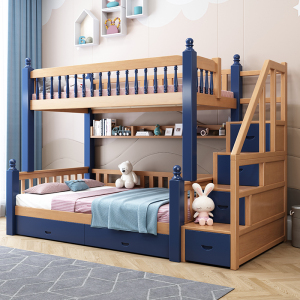 兰秀家居 上下床胡桃木实木双人床美式高低上下铺子母床双层儿童床