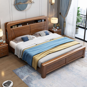 兰秀家居 胡桃木实木床1.8米双人床现代简约1.5米新中式高箱储物主卧北欧床