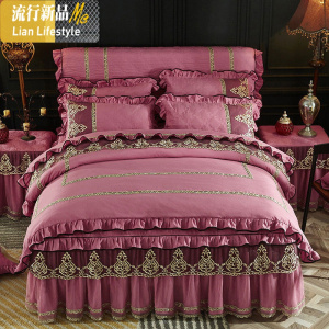 欧式纯色夹棉床裙式四件套蕾丝花边纱公主床罩款保暖床上用品 三维工匠